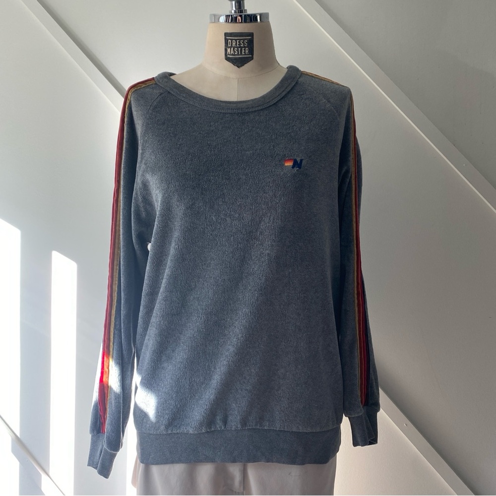 Aviator Nation Classic Velour Crewneck Sweatshirt Small Gray Rainbow Stripe |